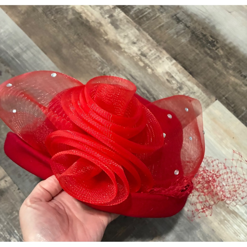 Kay-Co Red Felt Pillbox Hat Mesh Rose Rhinestone Birdcage Veil Church Wedding